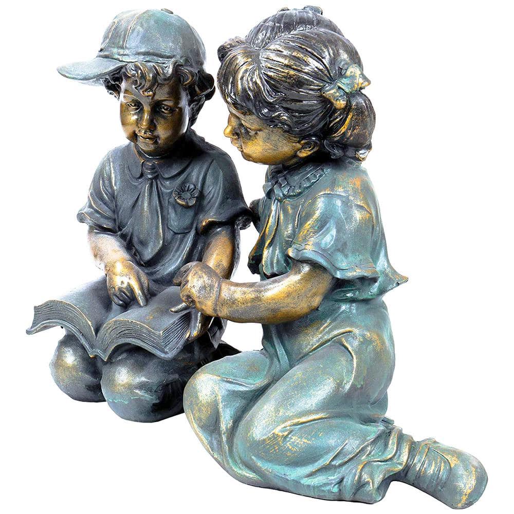 Antique Bronze Boy and Girl Reading Garden Statue Set