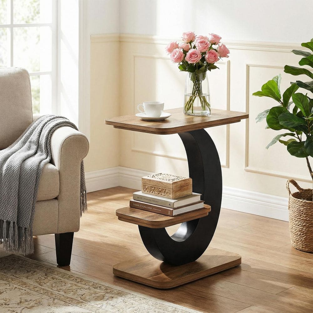Kerlin 20.4 in. BrownandBlack Wood End Table with Storage Shelves,Side Table with Adjustable Footrest for Living Room price history on PriceWatchPro