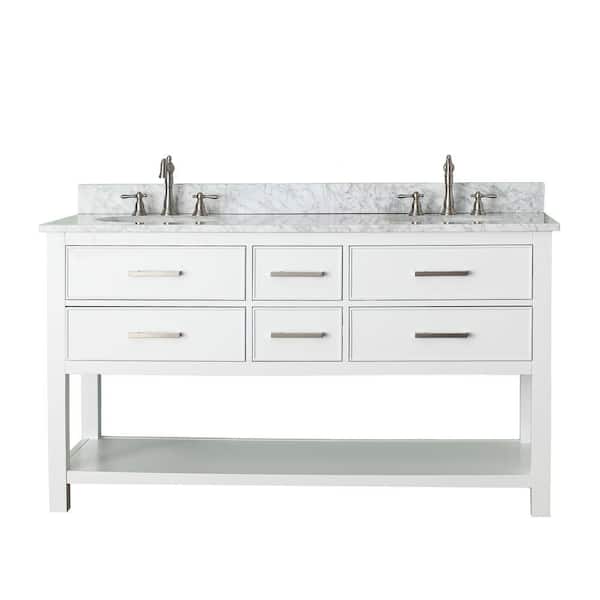 Avanity Brooks 61 in. W x 22 in. D x 35 in. H Vanity in White with Marble Vanity Top in Carrera White and White Basins
