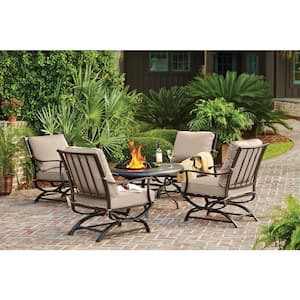 Redwood Valley Black 5-Piece Steel Outdoor Patio Fire Pit Seating Set with CushionGuard Putty Tan Cushions