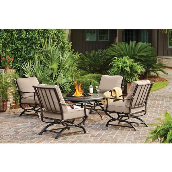 Hampton Bay Redwood Valley Black 5-Piece Steel Outdoor Patio Fire Pit Seating Set with CushionGuard Putty Tan Cushions