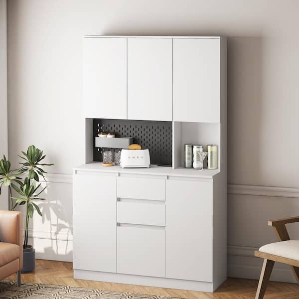 43.7 in. W x 15.75 in. D x 74 in. H White Linen Cabinet with 6-Doors, 4-Adjustable Shelves, and 2-Drawers