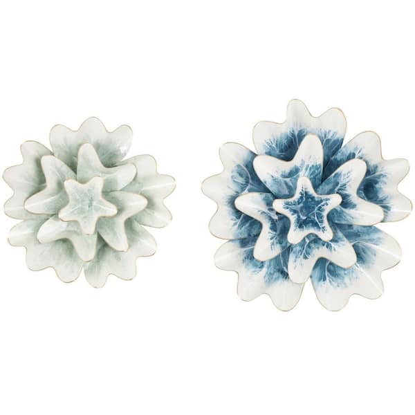 Litton Lane 24 in. x 24 in. Multicolored Floral Wall Metal Work with White and Gold Accents (Set of 2)
