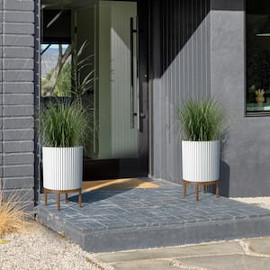 Demi 16 in. Raised with Stand Round White Plastic Planter with Brown Stand (2-Pack)