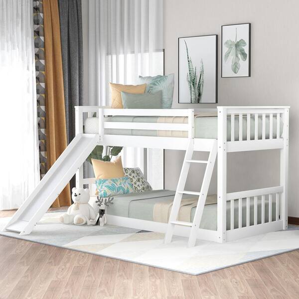 Qualler White Twin Over Twin Bunk Bed With Convertible Slide and Ladder