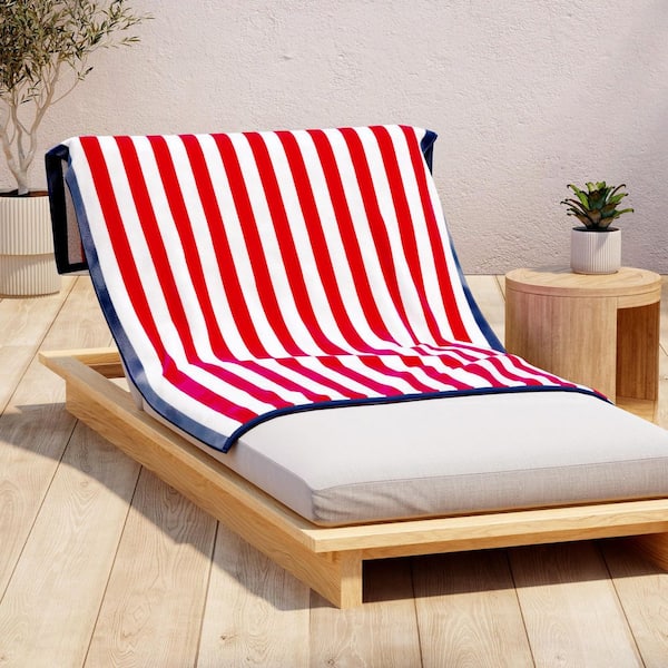 Red / Navy 100% Cotton Stripe Border Oversized Beach and Pool Towels