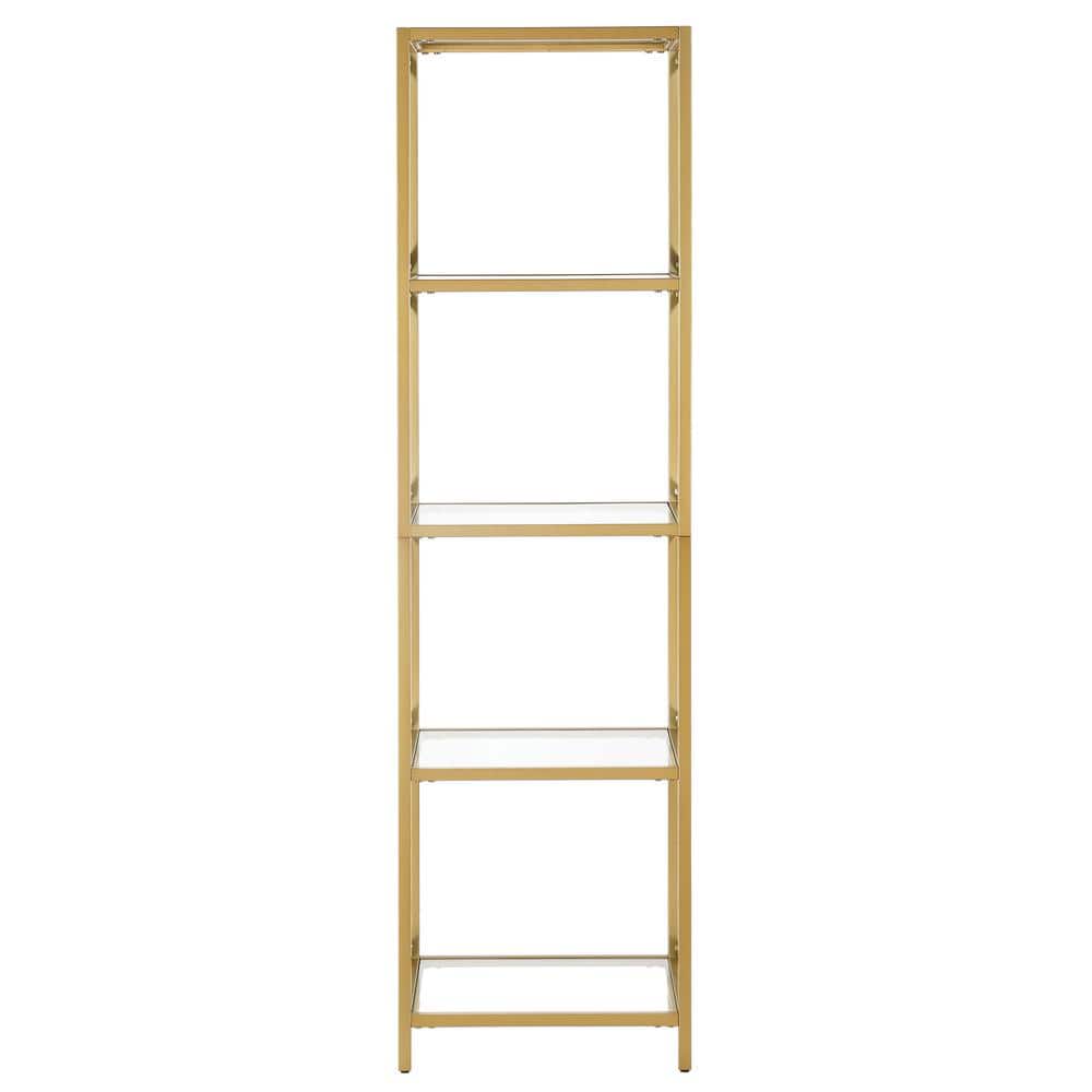 Modern Geometric 66" Brass Steel Bookcase with Tempered Glass Shelves