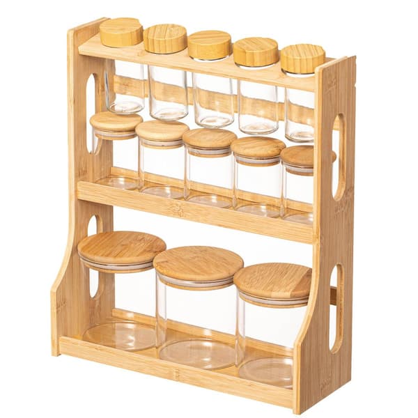 Unbranded Versatile 3-Tier Bamboo Spice Rack and Pantry Organizer with 13 Glass Jars