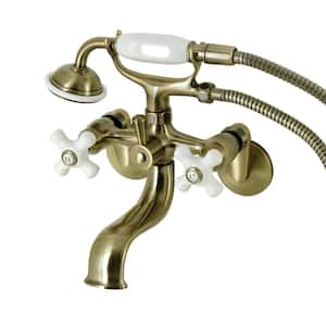 Kingston 3-Handle Wall-Mount Clawfoot Tub Faucet with Hand Shower in Antique Brass