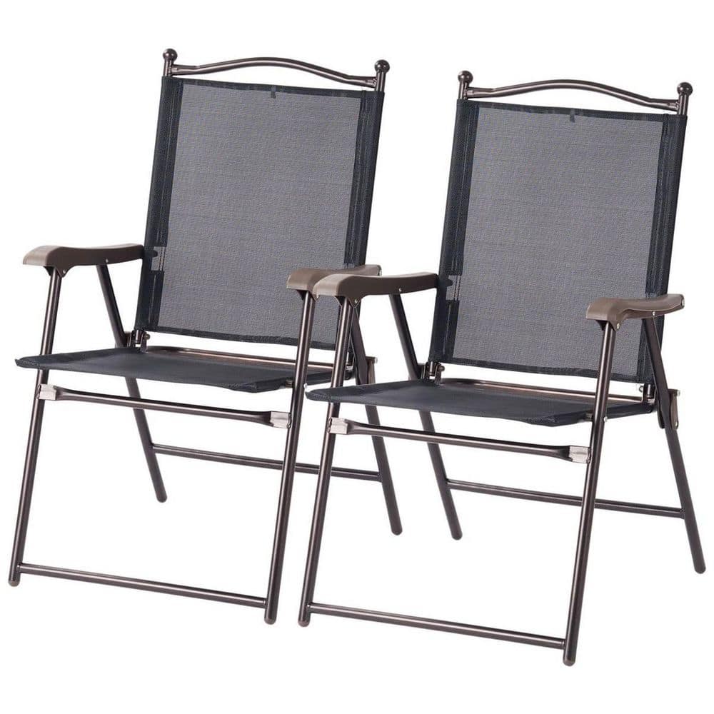 Folding Metal Outdoor Dining Chair in Black with Armrest (Set of 2)