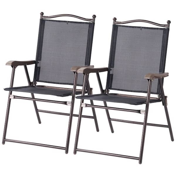 Unbranded Folding Metal Outdoor Dining Chair in Black with Armrest (Set of 2)