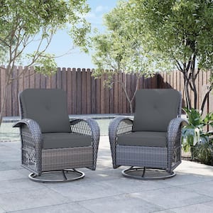 Gray Wicker Outdoor Rocking Chair Patio Swivel Chair with Dark Gray Cushion (Set of 2)