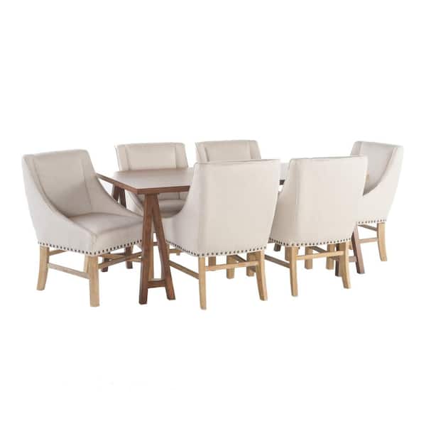 Noble House Sabine 7-Piece Linen Fabric Upholstered and Natural Walnut Wood Dining Set