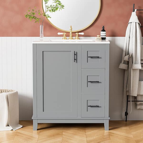 30 in. W x 18 in. D x 34 in. H Single Sink Gray Freestanding Bath Vanity with Ceramic Counter Tops (Unassembled)