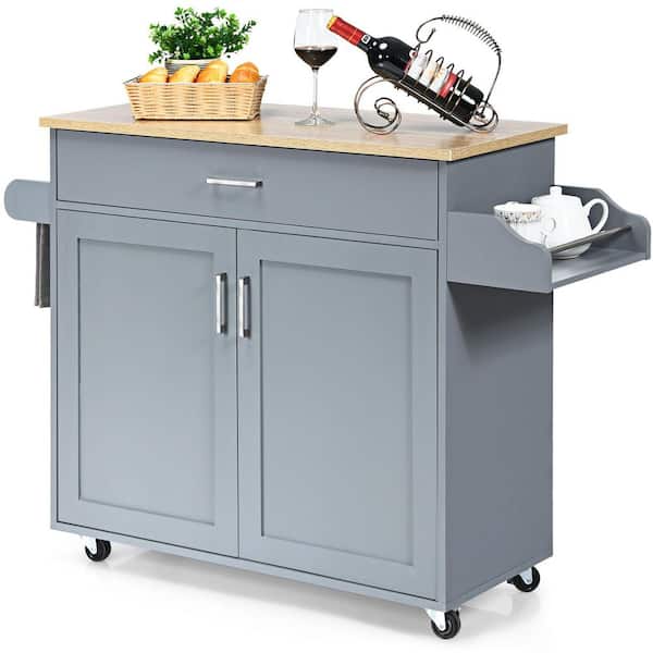 Costway Rolling Kitchen Gray Island Cart Storage Cabinet with Towel and Spice Rack