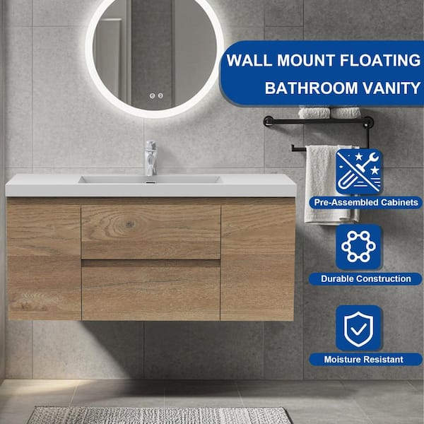48 in. Wall-Mounted Floating Bath Vanity in Natural Oak with Single Solid Surface Sink Top in White