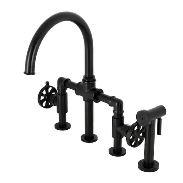 Kingston Brass Belknap Double-Handle Deck Mount Gooseneck Bridge Kitchen Faucet with Brass Sprayer in Matte Black