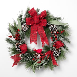 24 in. Artificial D Holiday Mixed Flocked Pine Indoor Wreath with Berry Clusters and Burlap Ribbon Accent