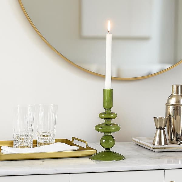 キャンドルディッシュ Liv & Skye Olive Green 7 in. Vintage Glass Taper Candle Holder
