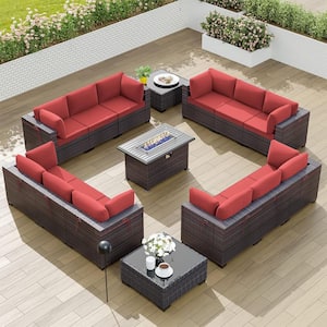 15-Piece Wicker Patio Conversation Set with 55000 BTU Gas Fire Pit Table and Glass Coffee Table and Red Cushions