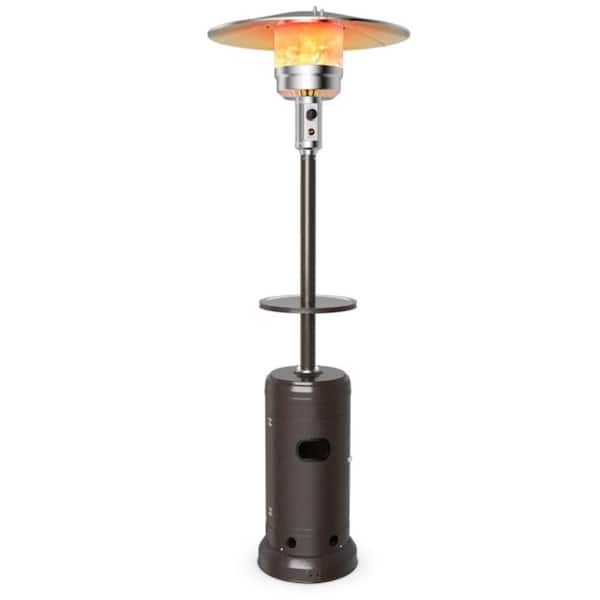 48,000 BTU Brown Outdoor Propane Patio Heater with Table and Wheels, Tip-Over Protection, Freestanding Outdoor Heater
