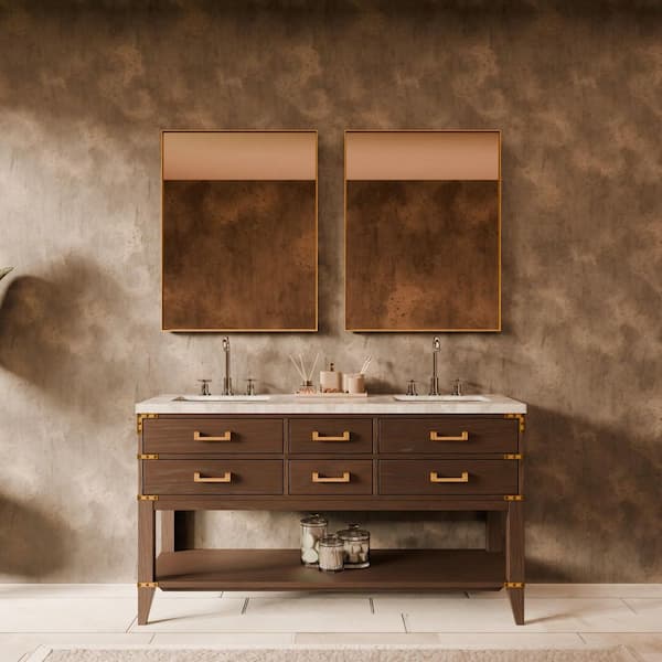 Irvington 60 in W x 22 in D Brown Oak Double Bath Vanity, Carrara Marble Top, and 28 in Mirrors