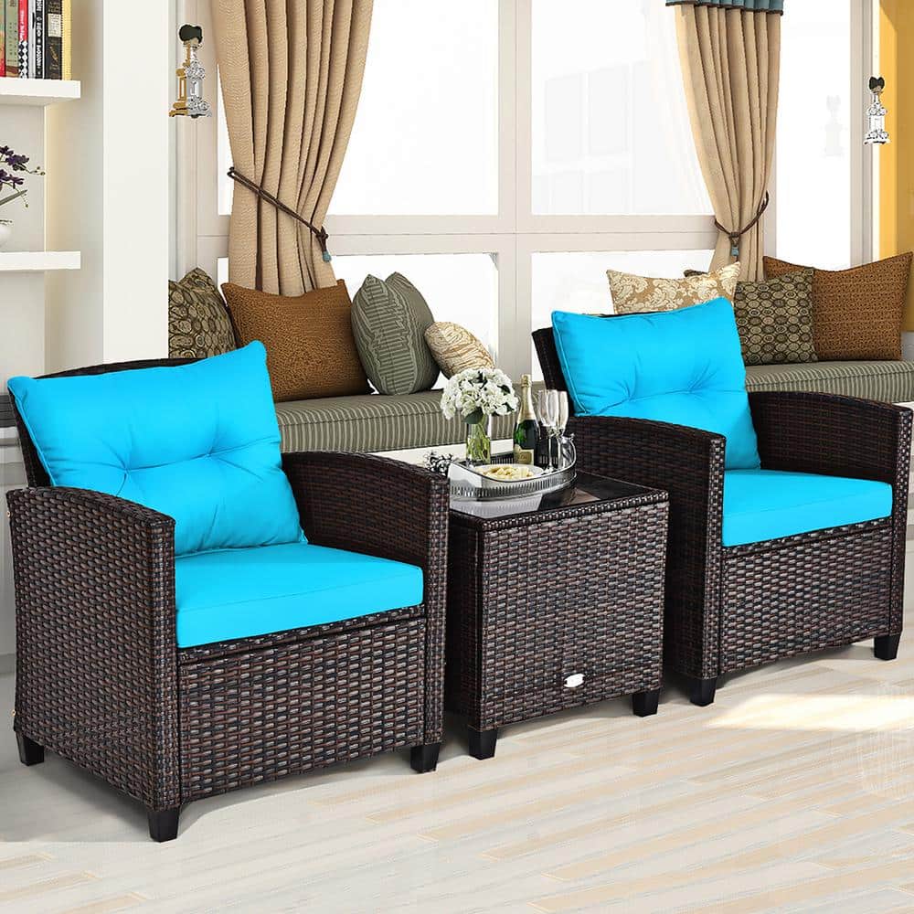Turquoise Cushioned Rattan 3-Piece Patio Conversation Set