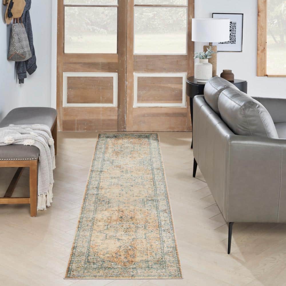 Beige Blue Synthetic Medallion Runner Rug 2'2" x 10'