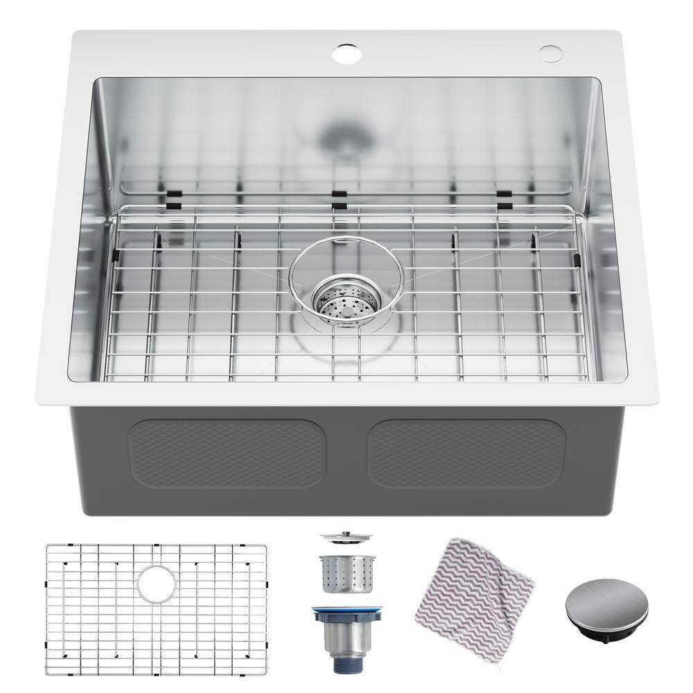 25 in. Drop-in Single Bowl 16-Gauge Stainless Steel Kitchen Sink with Botto