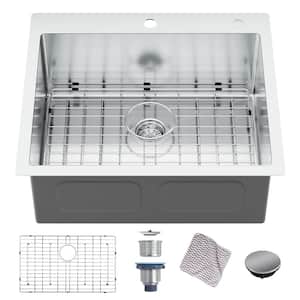 25 in. Drop-in Single Bowl 16-Gauge Stainless Steel Kitchen Sink with Bottom Grid and Strainer Basket