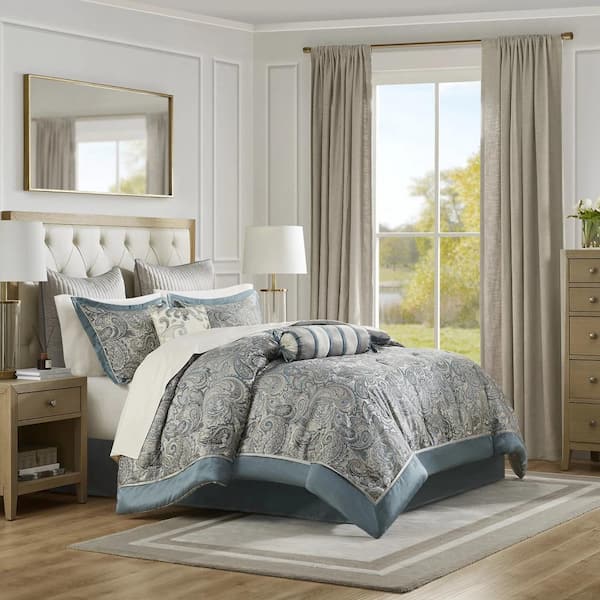 Afoxsos 12-Piece Teal Gray Cotton Queen Comforter Set Paisley Design with Cotton Sheet, Bed Skirt, Shams and Pillows