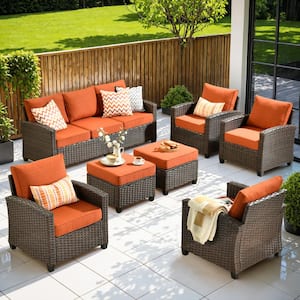 Pirani Brown 7-Piece Wicker Outdoor Patio Conversation Seating Set with Orange Red Cushions