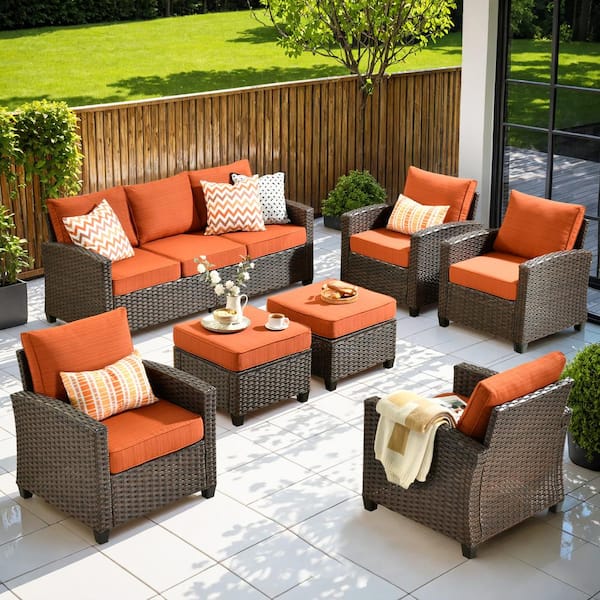 OVIOS Piranu Brown 7-Piece Wicker Outdoor Patio Conversation Seating Set with Orange Red Cushions