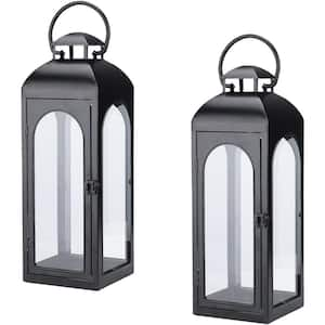 2-Piece 16 in. Black Metal Lantern, Clear Glass Panels for Garden Living Room Indoor Outdoor Parties Weddings Balcony