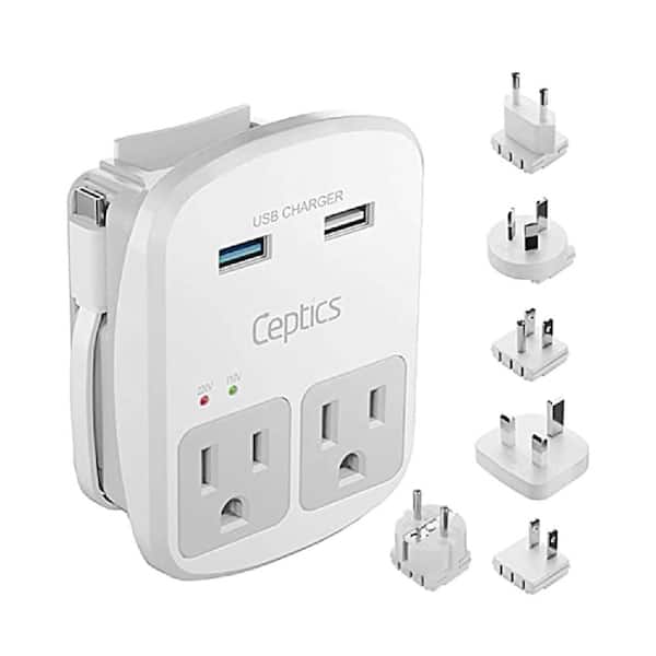 2-Outlet Surge Protector Universal Travel Adapter Kit with 2 USB-A Ports, 1 USB-C Cord and 6-Plug Types, White