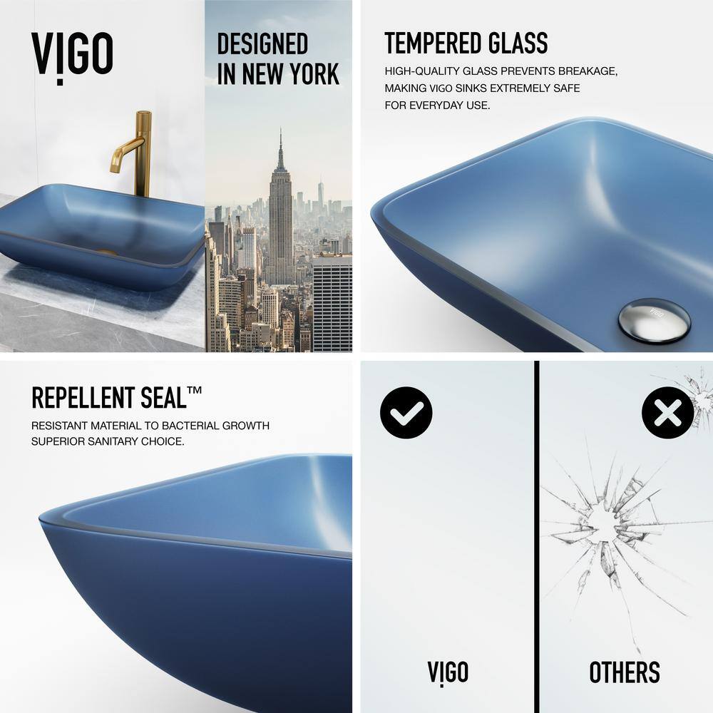 Matte Brushed Gold and Blue Glass Rectangular Vessel Sink Set