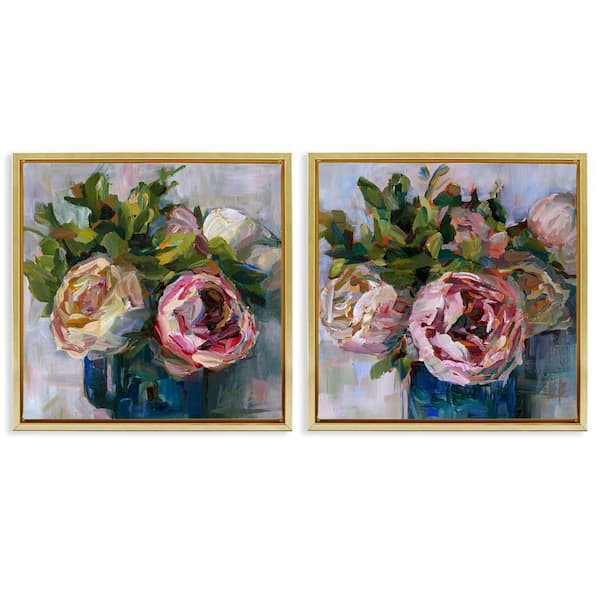 Stupell Industries Impasto Cabbage Roses in Vases by Borcherding 2 Pieces Gold Floater Frame Nature Graphic Art Print 25 in. x 25 in.