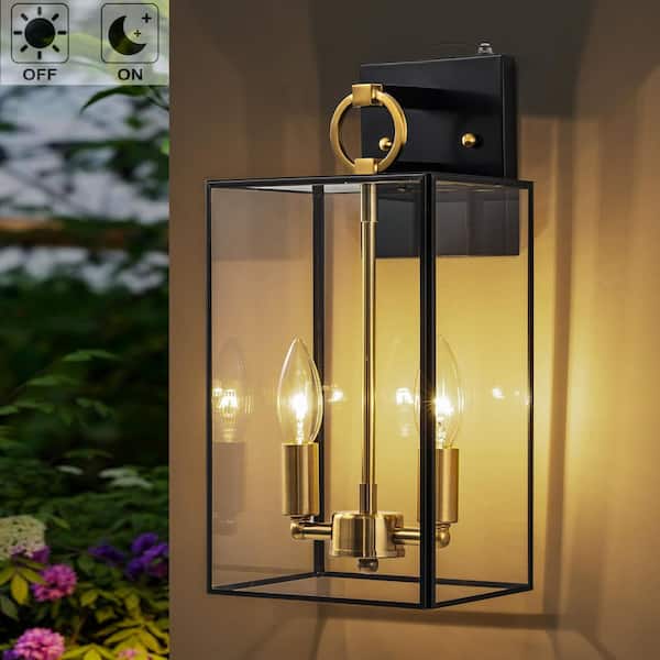 14. 5in 2-Light Dusk to Dawn Dark Bronze Finish Brass Outdoor Hardwired Wall Lantern Sconce with No Bulbs Included