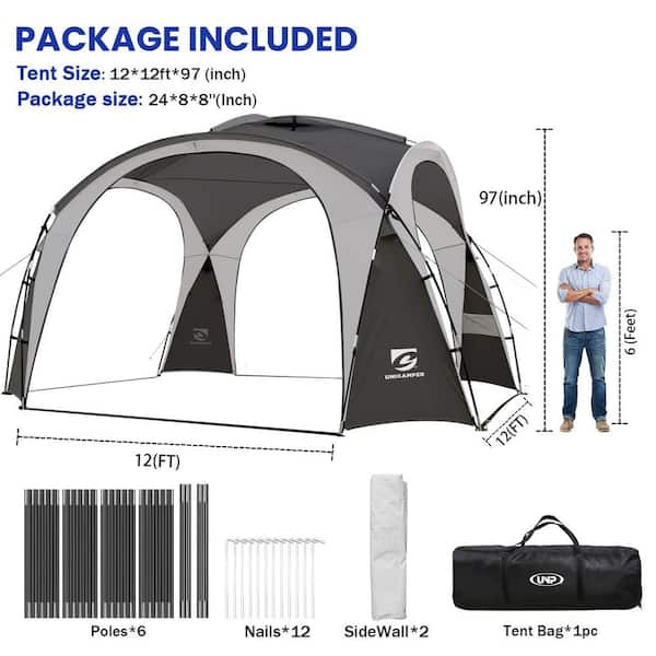 Zeus & Ruta 12 ft. x 12 ft. Grey Pop-Up Canopy UPF50+ Tent with Side Wall Ground Pegs and Stability Poles Sun Shelter for Camping