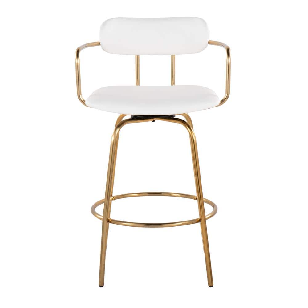 White Faux Leather and Gold Metal Swivel Counter Stool Set