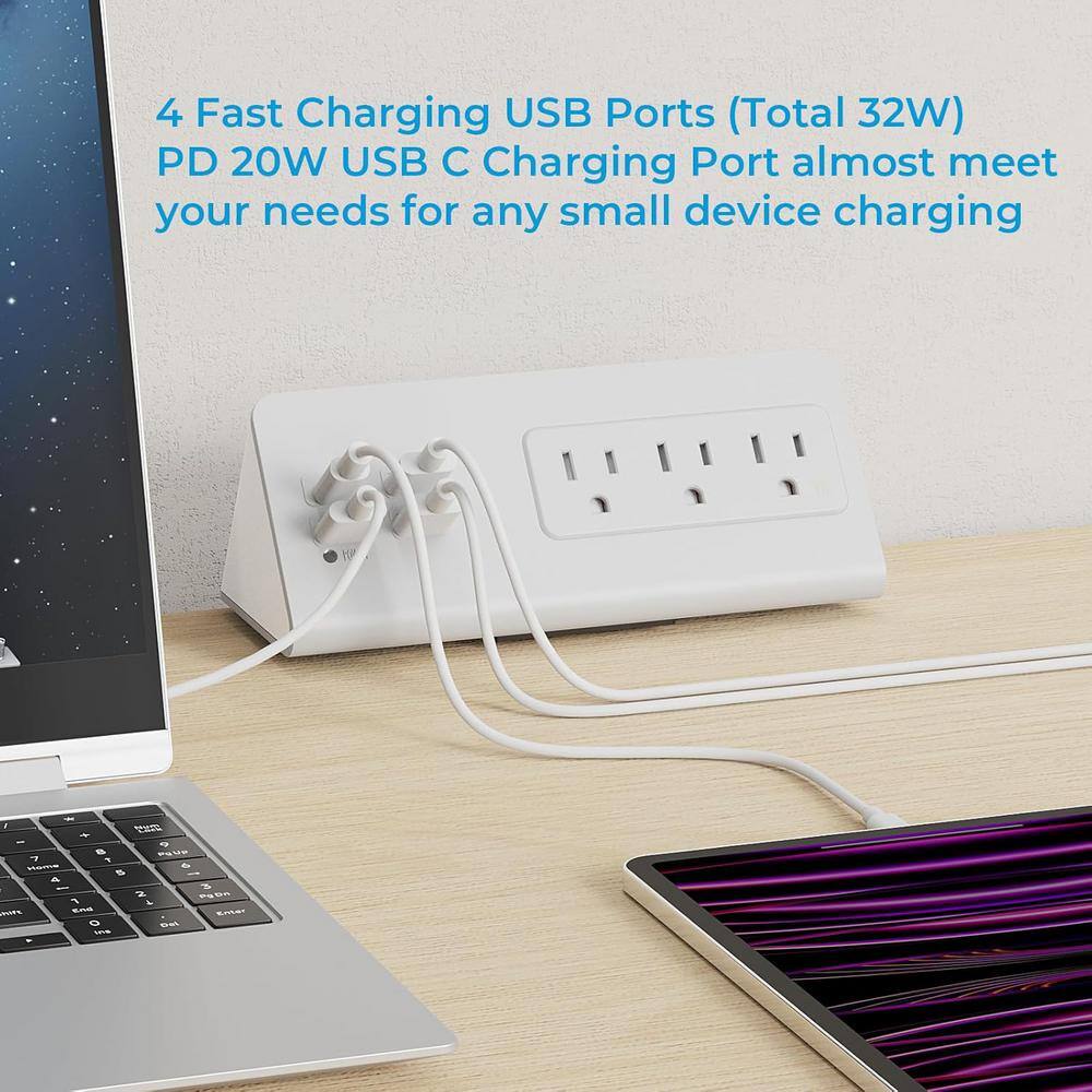 White Heavy Duty Power Strip with USB-C and USB-A Ports