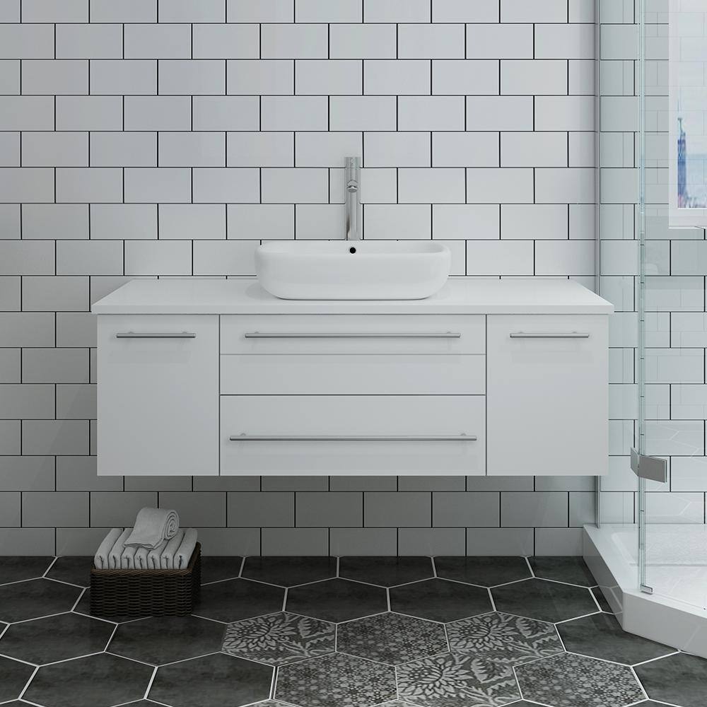 48" White Quartz Stone Wall-Mount Vanity with Vessel Sink