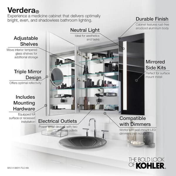 KOHLER Verdera 40-in x 30-in Rectangle Surface/Recessed Mirrored Medicine Cabinet with Outlet and Lights KOHLER Verdera 40-in x 30-in Rectangle Surface/Recessed Mirrored Medicine Cabinet with Outlet and Lights