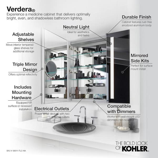 Kohler Verdera 40 In X 30 Recessed, Recessed Medicine Cabinet With Mirror And Lights