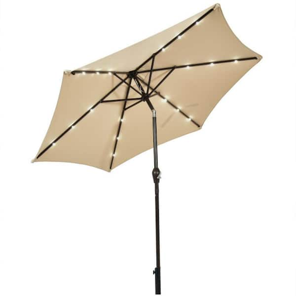 9 ft. Iron Market Solar LED Lighted Tilt Patio Outdoor Umbrella in Beige with Crank Lift