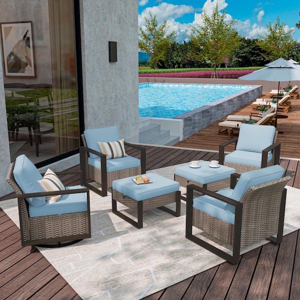 6-Piece Wicker Outdoor Sectional Set Patio Conversation 3-seat Sofa 2 Chairs with Light Blue Cushions