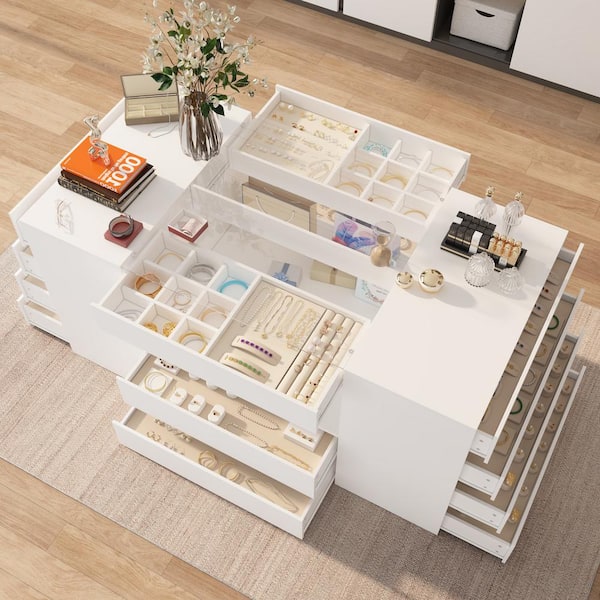 White Wood Free Standing 63 in. W Jewelry Armoire with Tempered Glass Top and 14 Drawers