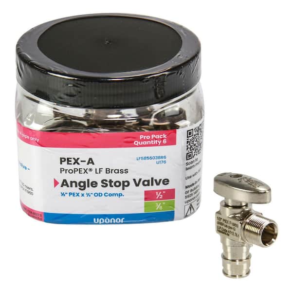 Uponor ProPEX 1/2 in. PEX-A Expansion Barb x 3/8 in. OD Compression Lead-Free Brass Quarter-Turn Angle Stop Valve (6-Pack)