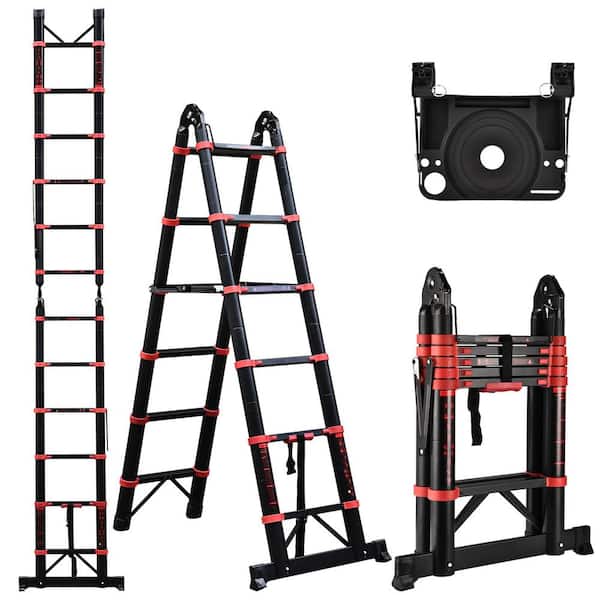 Angel Sar 12.5 ft. 330 lb. Aluminum Telescop Ladder, Extension Ladder with Platform and Stabilizer Bar for RV Outdoor Work, Red