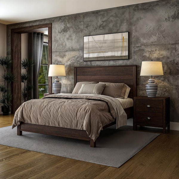 Standard Baja Walnut Brown Wood Frame Full Panel Bed with Solid Wood